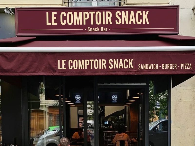 Illustration : devanture du restaurant fictif Le Comptoir Snack