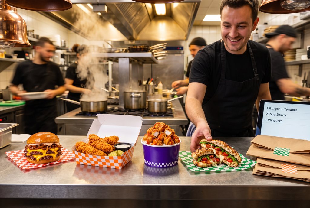 Au passe d'une cuisine de restaurant, les commandes Smashy's, Fricky's, Krousty's et Panuzzy's prêtes à partir en livraison