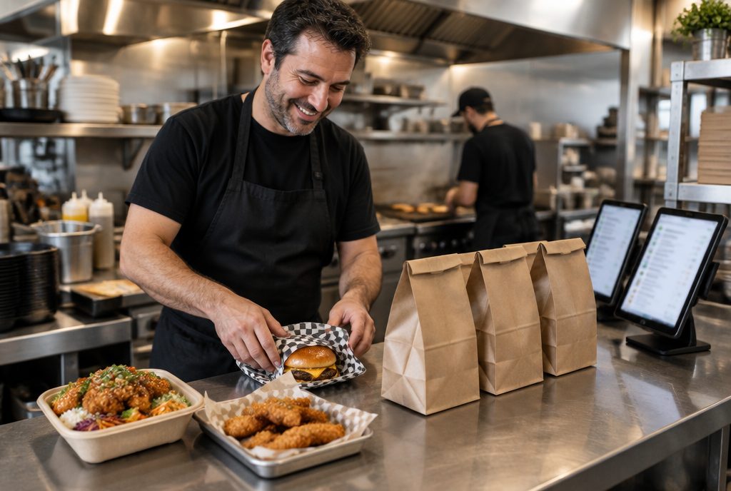 Un restaurateur prépare des commandes de livraison au passe de sa cuisine, à côté de deux tablettes