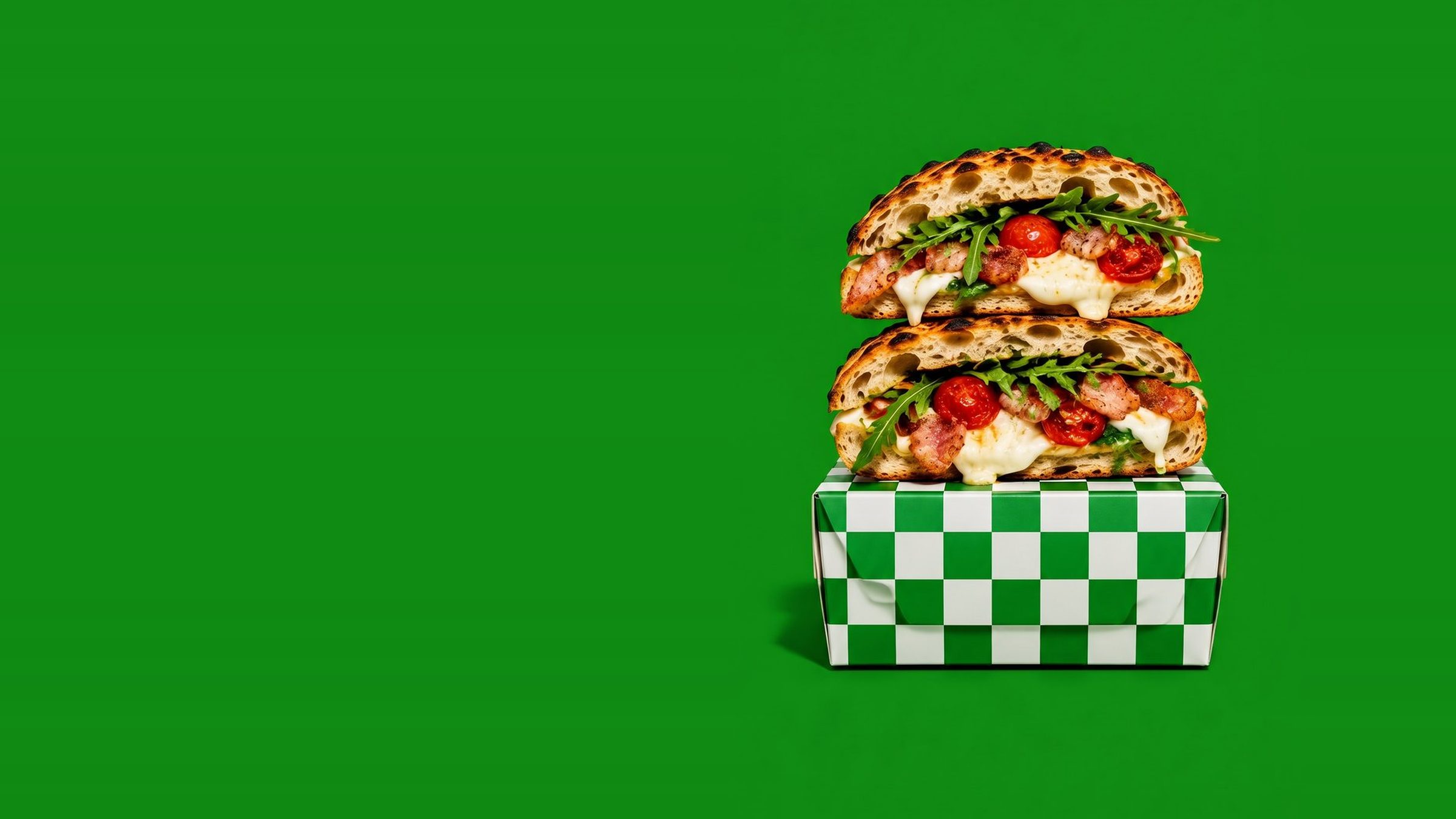 Panuzzo napolitain garni de mozzarella, pancetta et roquette devant un damier vert et noir