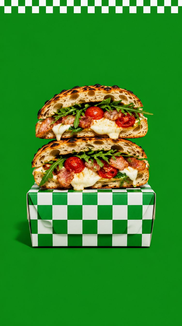 Panuzzo napolitain garni de mozzarella, pancetta et roquette devant un damier vert et noir