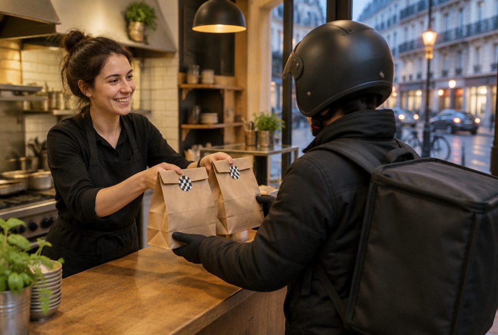 Une cuisinière remet deux sacs de commande à un livreur au comptoir